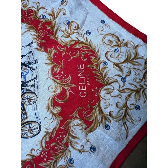Celine Handkerchief White Red Gold Blue Horse Carriage Print Vintage Equestrian - Picture 2 of 4